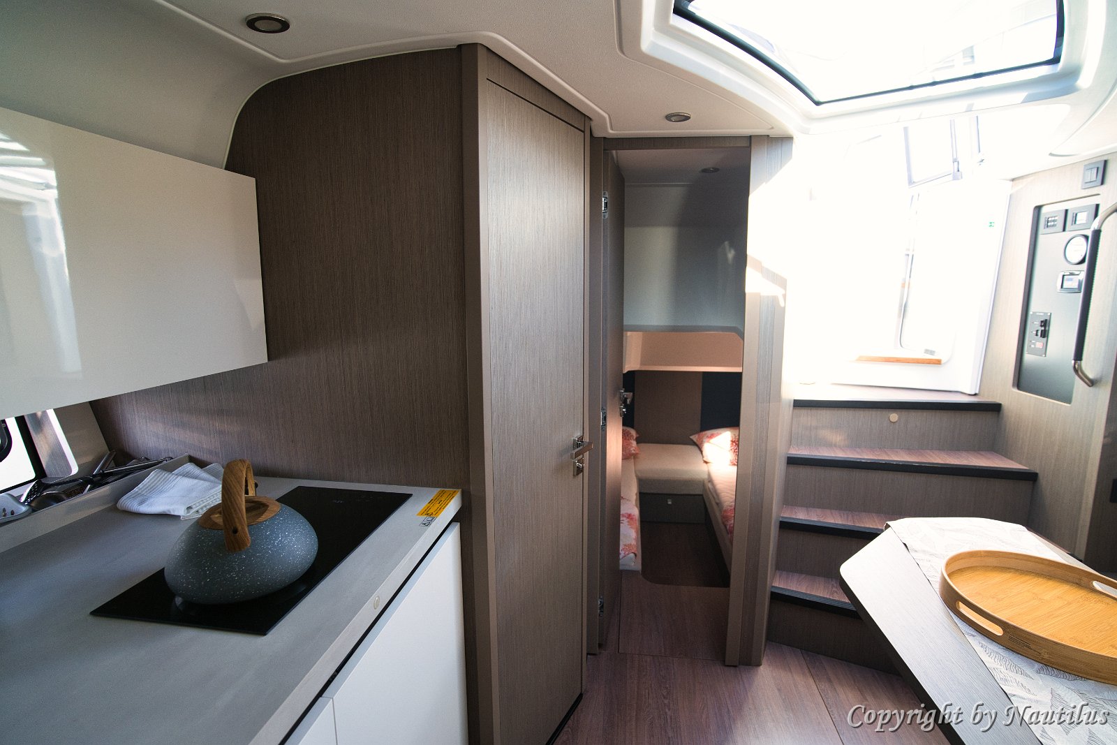 Gran Turismo 41 Interior Overview View from the galley looking towards the companionway stairs and aft cabin on 'Miami Vice'.