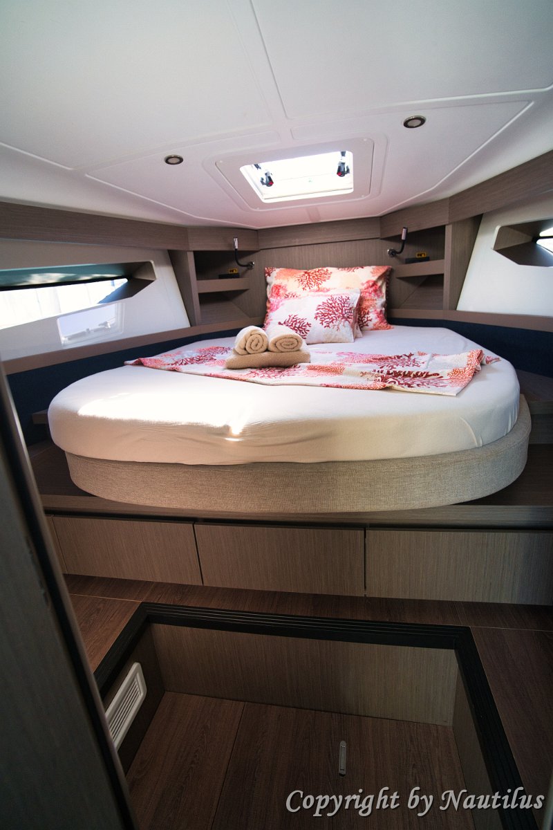 Master Bed Comfort - 'Miami Vice' High-quality mattress and premium upholstery in the master cabin of the Gran Turismo 41 ensure a good night's sleep.