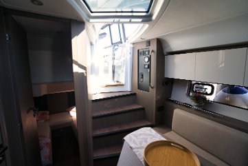 Bright Interior - Yacht 'Miami Vice' Large hull windows and skylights fill the salon of the Beneteau GT 41 with natural light.