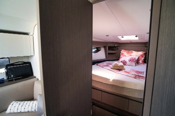 Master Cabin Ambience - 'Miami Vice' Soft lighting and neutral tones create a peaceful sanctuary in the owner's cabin of the Gran Turismo 41.