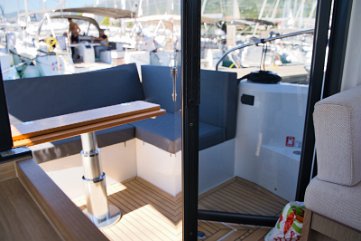 Social Space on Board The salon layout encourages socializing, connecting the helm, galley, and cockpit.